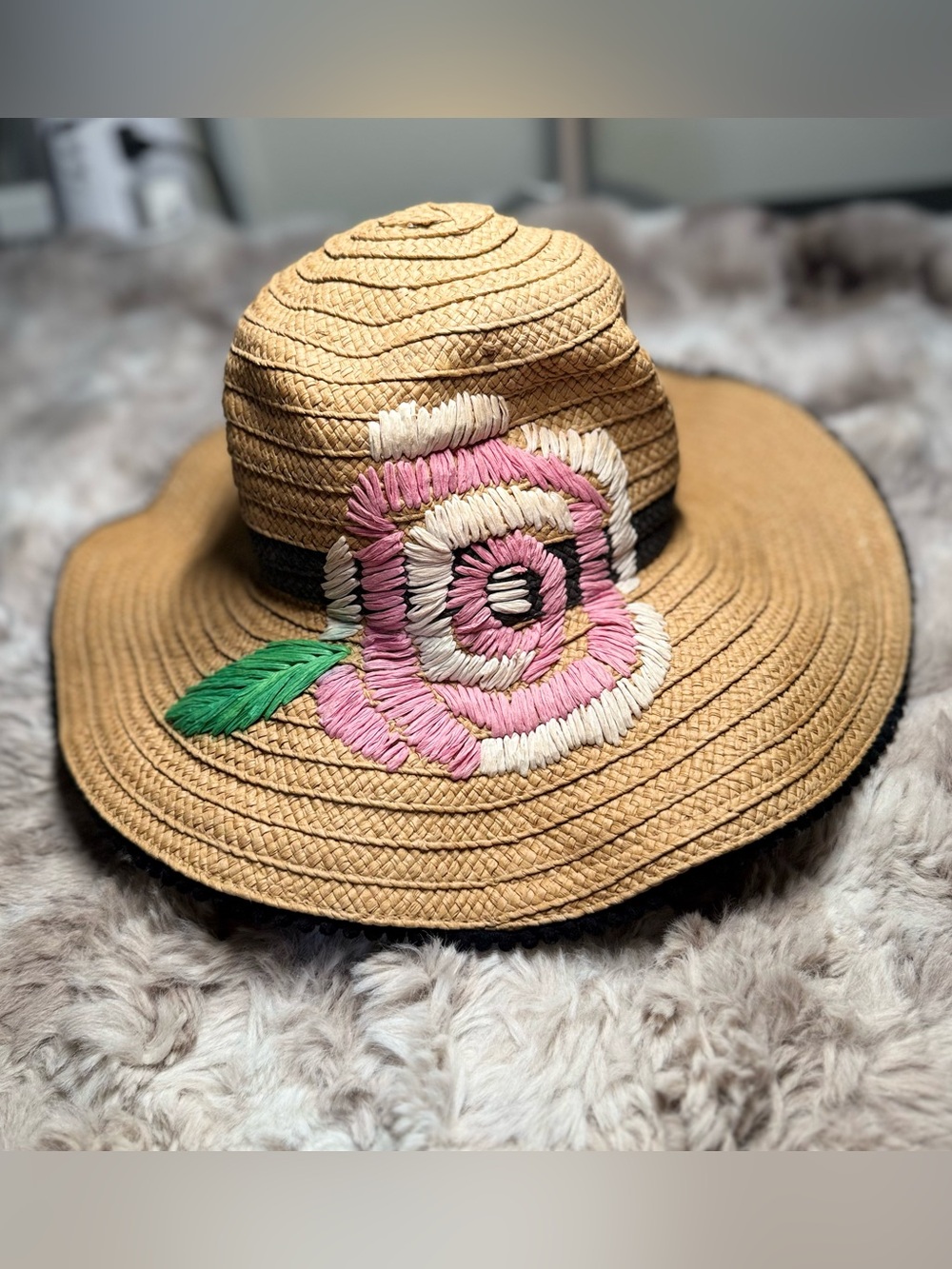 Betsey Johnson Floral Embroidered Wide Brim Straw‎ Floppy Hat One Size